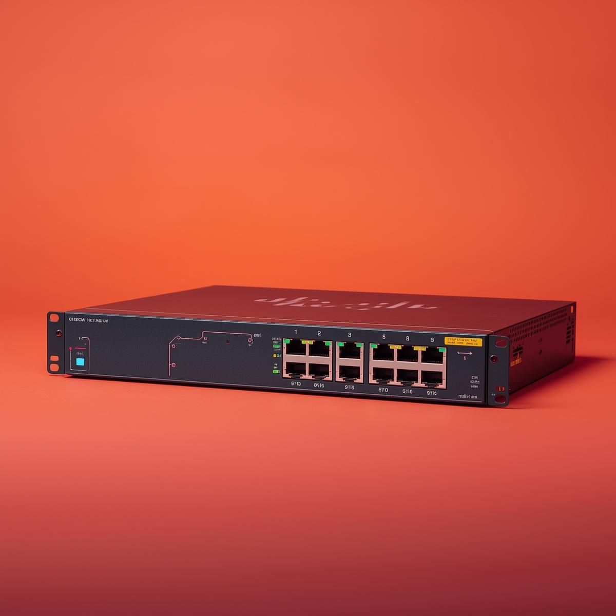 Photo of a Cisco network switch with a colored background