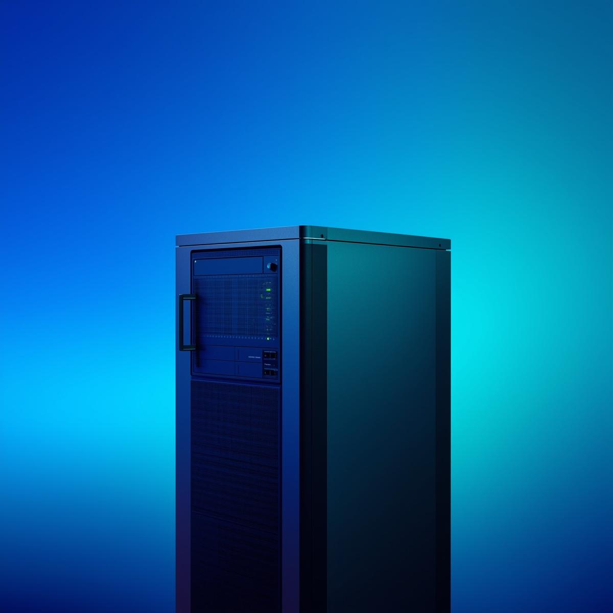 Photo of a network rack with a colored background